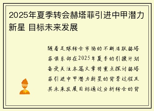 2025年夏季转会赫塔菲引进中甲潜力新星 目标未来发展