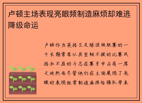 卢顿主场表现亮眼频制造麻烦却难逃降级命运