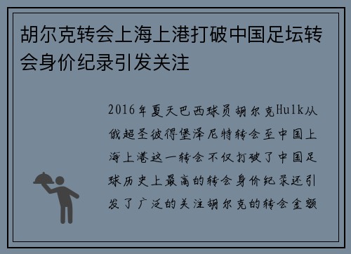 胡尔克转会上海上港打破中国足坛转会身价纪录引发关注 胡尔克转会上海上港打破中国足坛转会身价纪录引发关注